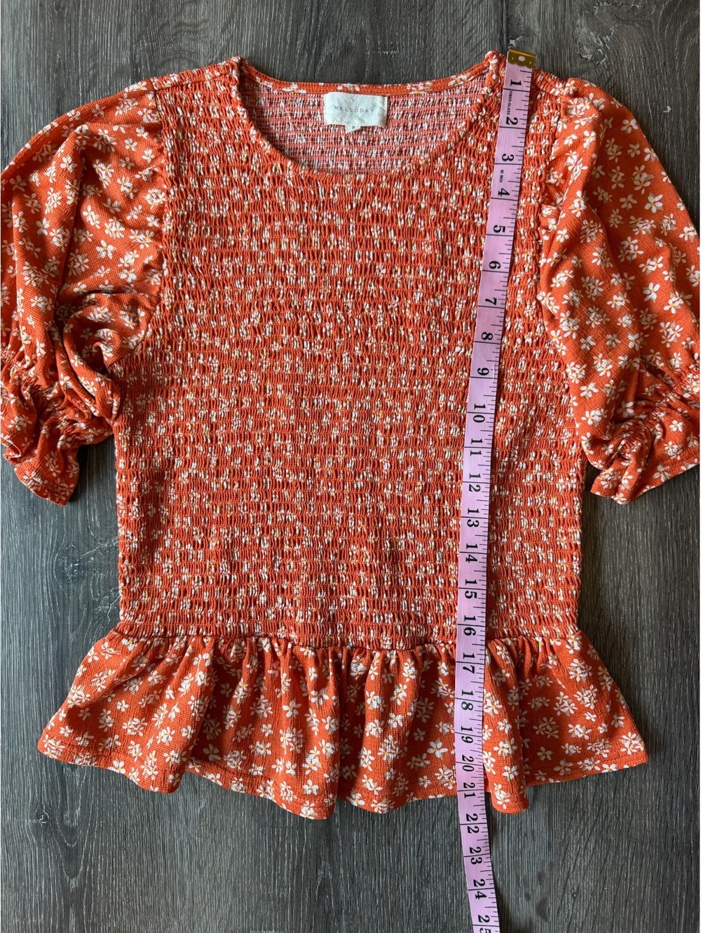 Melloday Orange Floral Smocked Peplum Top Women’s Small Puff Sleeve - Picture 4 of 8